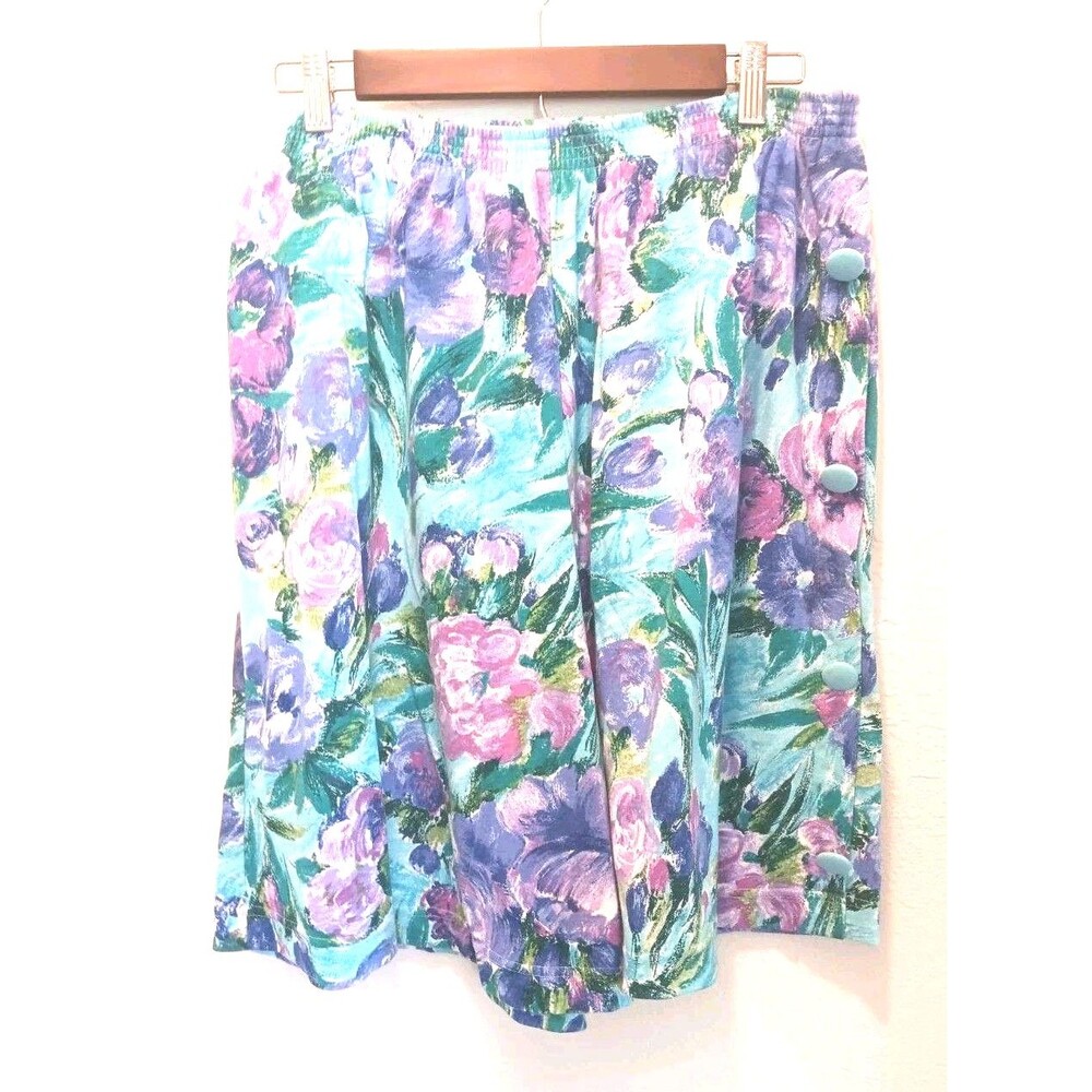 Vintage HMJ Floral Skort XL Made in USA Blue Purple Button Detail Pockets